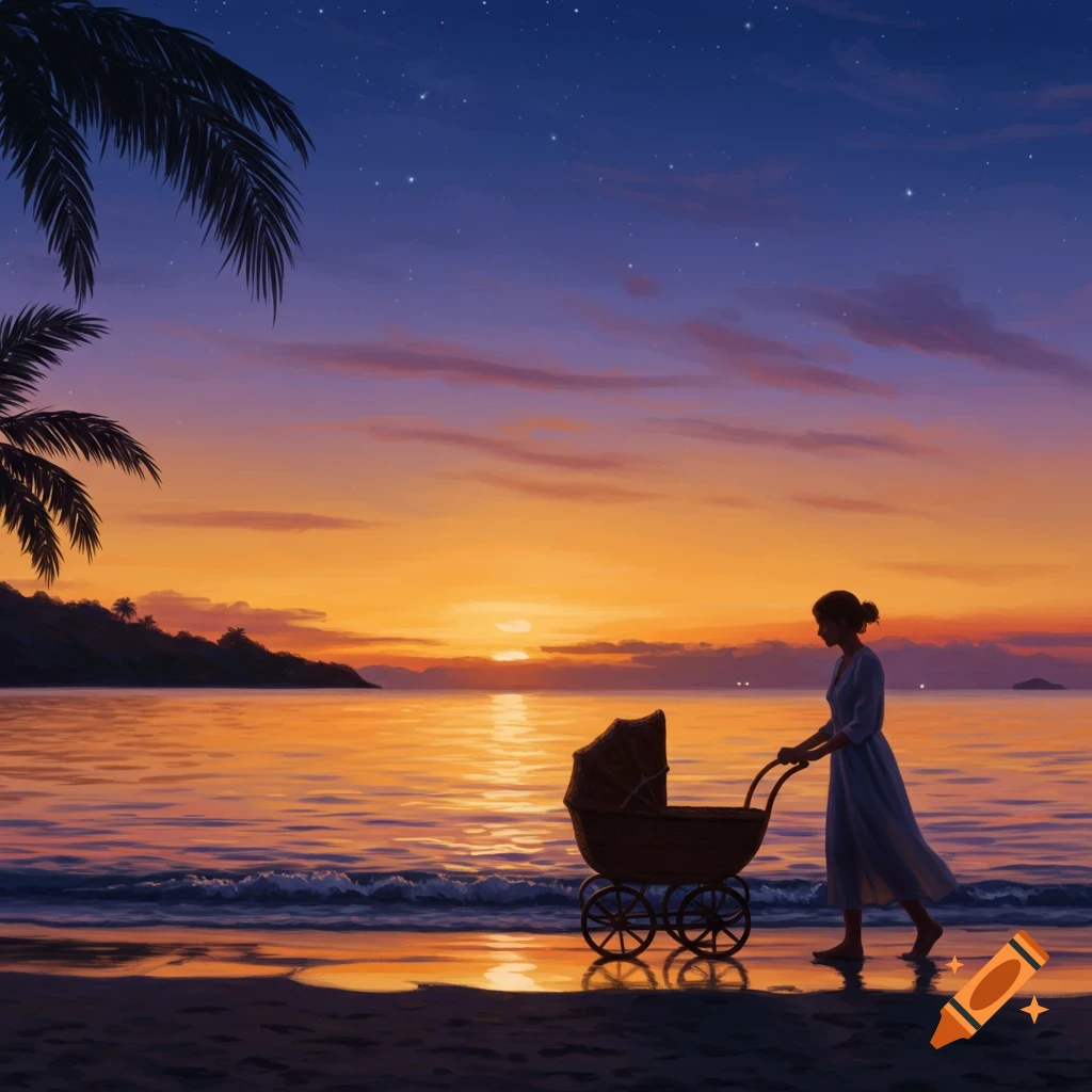 Painted scene of a woman pushing a baby carriage on a tropical beach at sunset, vibrant sky, ocean waves.