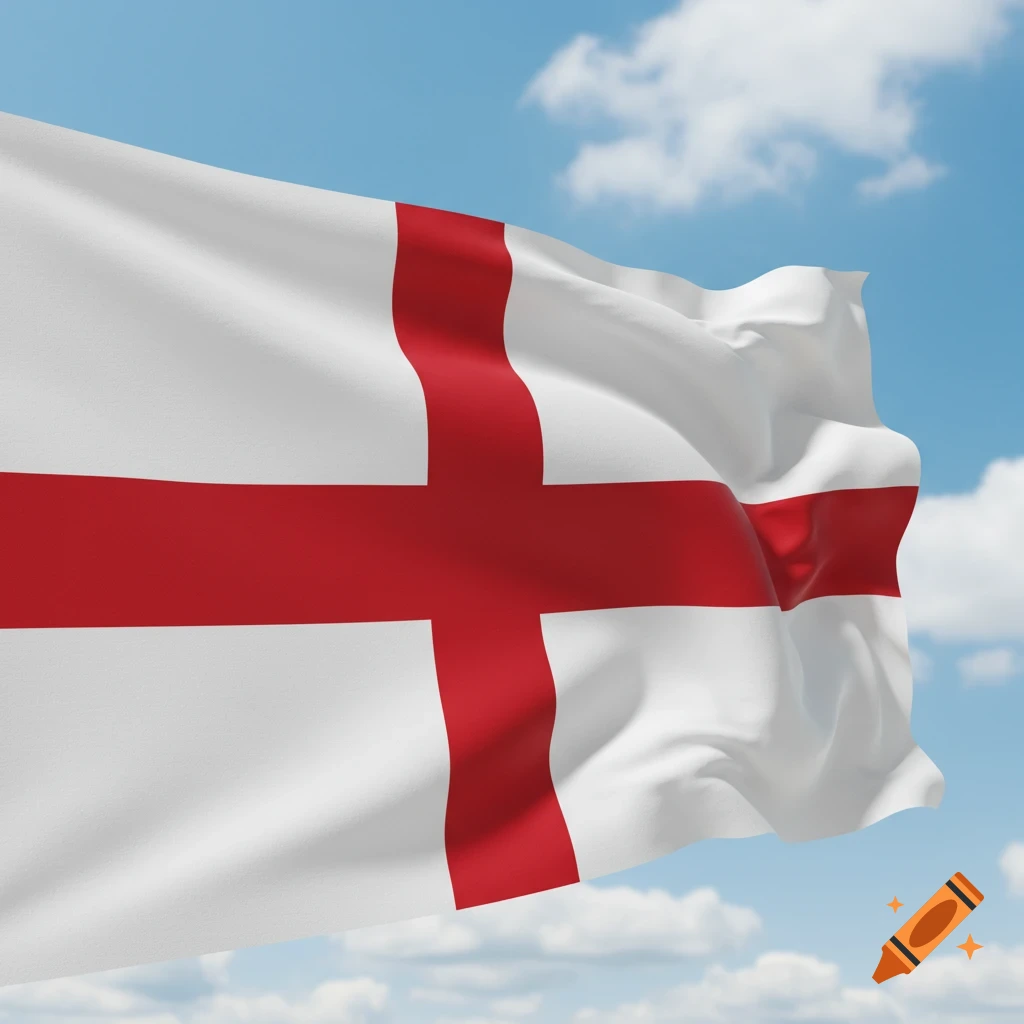 The white flag of Saint George, with a red cross, waves against a bright blue sky with scattered clouds.