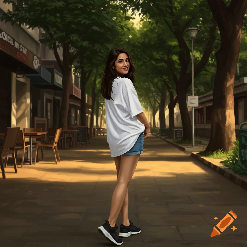 A smiling Indian woman in a white t-shirt and denim shorts looks back over her shoulder on a tree-lined urban street, digital art.