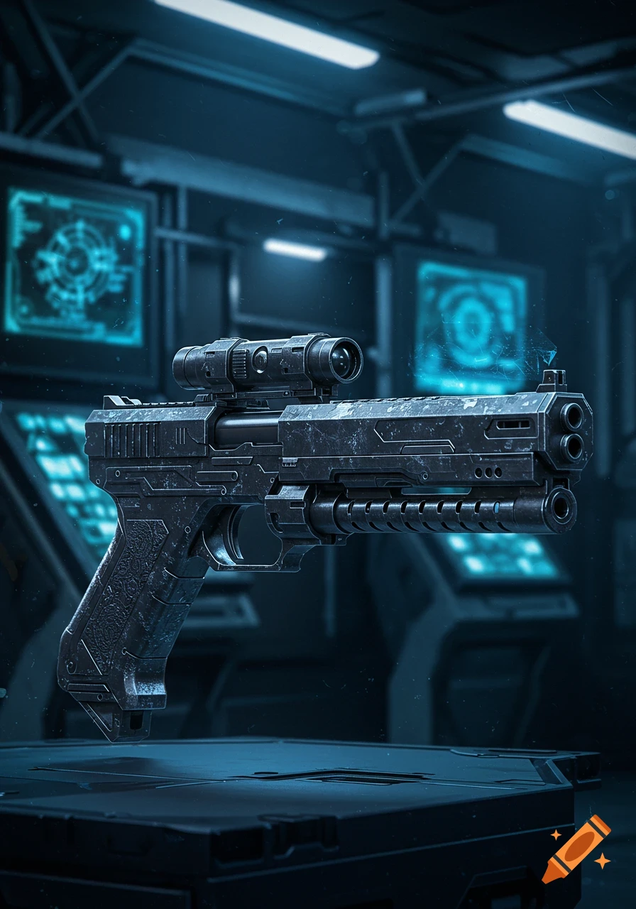A detailed, futuristic black pistol with an optical sight and six barrel openings, glowing blue in a dark sci-fi lab.