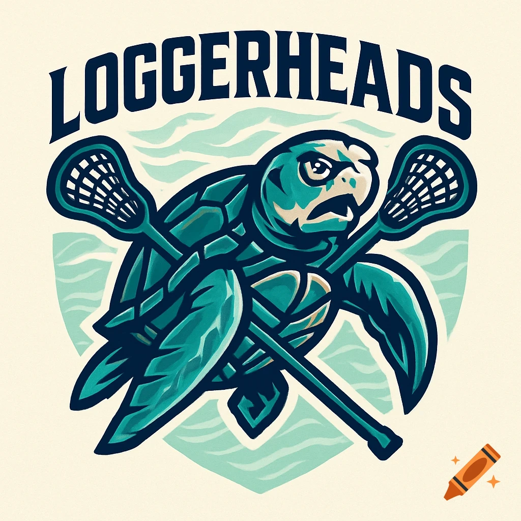 Logo of an angry teal loggerhead turtle holding crossed lacrosse sticks, with 'LOGGERHEADS' text above, on a shield with waves.