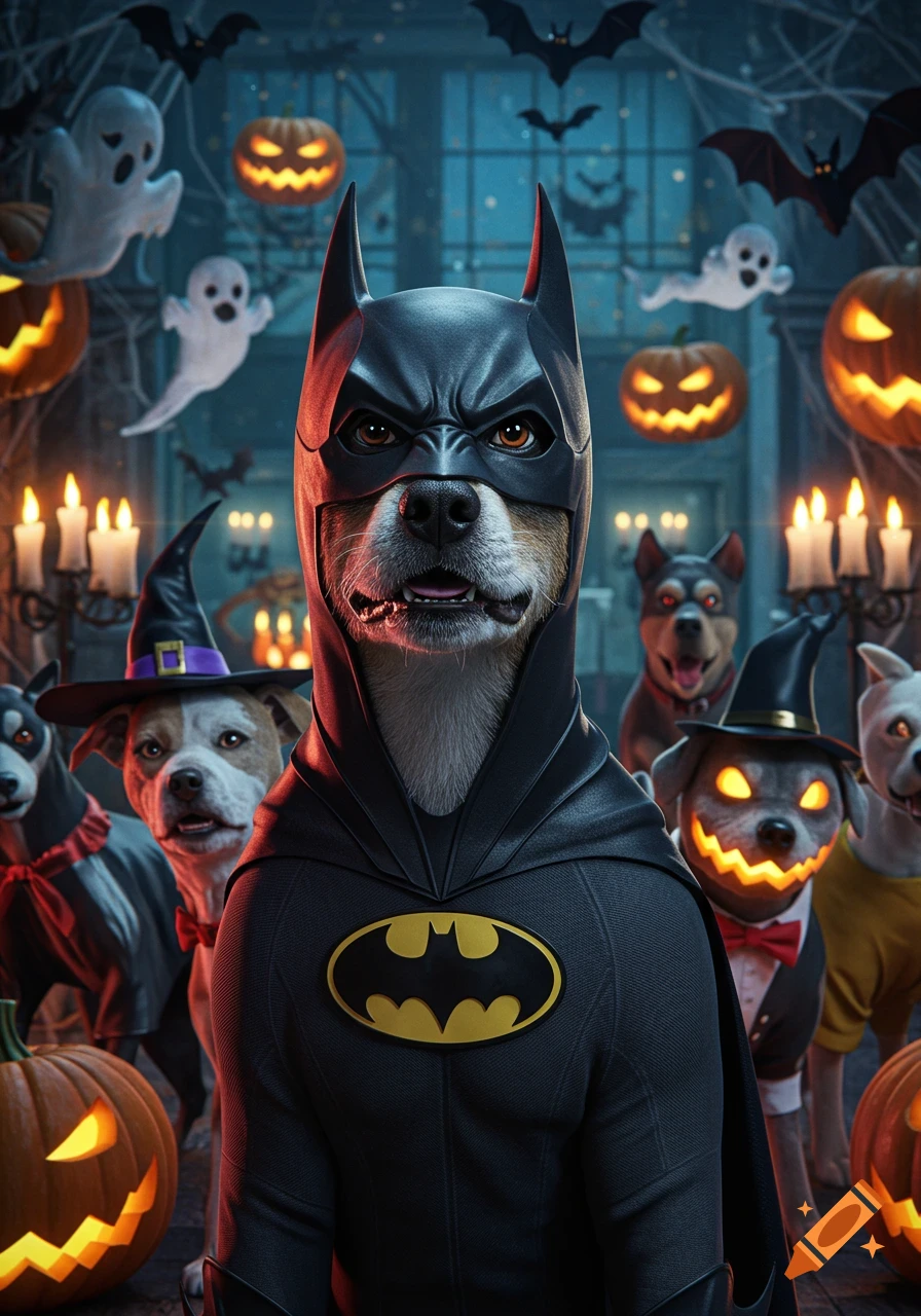 A dog in a detailed Batman costume stands among other dogs in Halloween outfits, with glowing jack-o'-lanterns, ghosts, and bats in a spooky mansion.