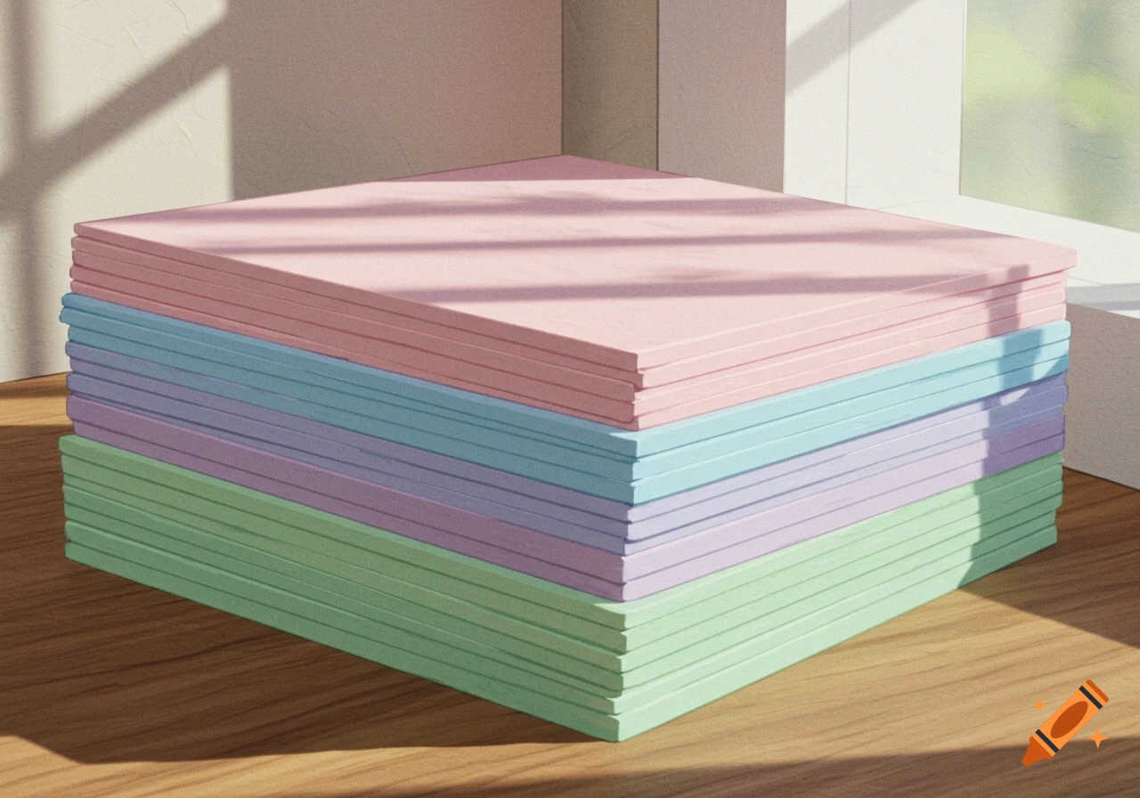 A stack of pastel pink, blue, purple, and green papers sits on a wooden surface with sunbeams.