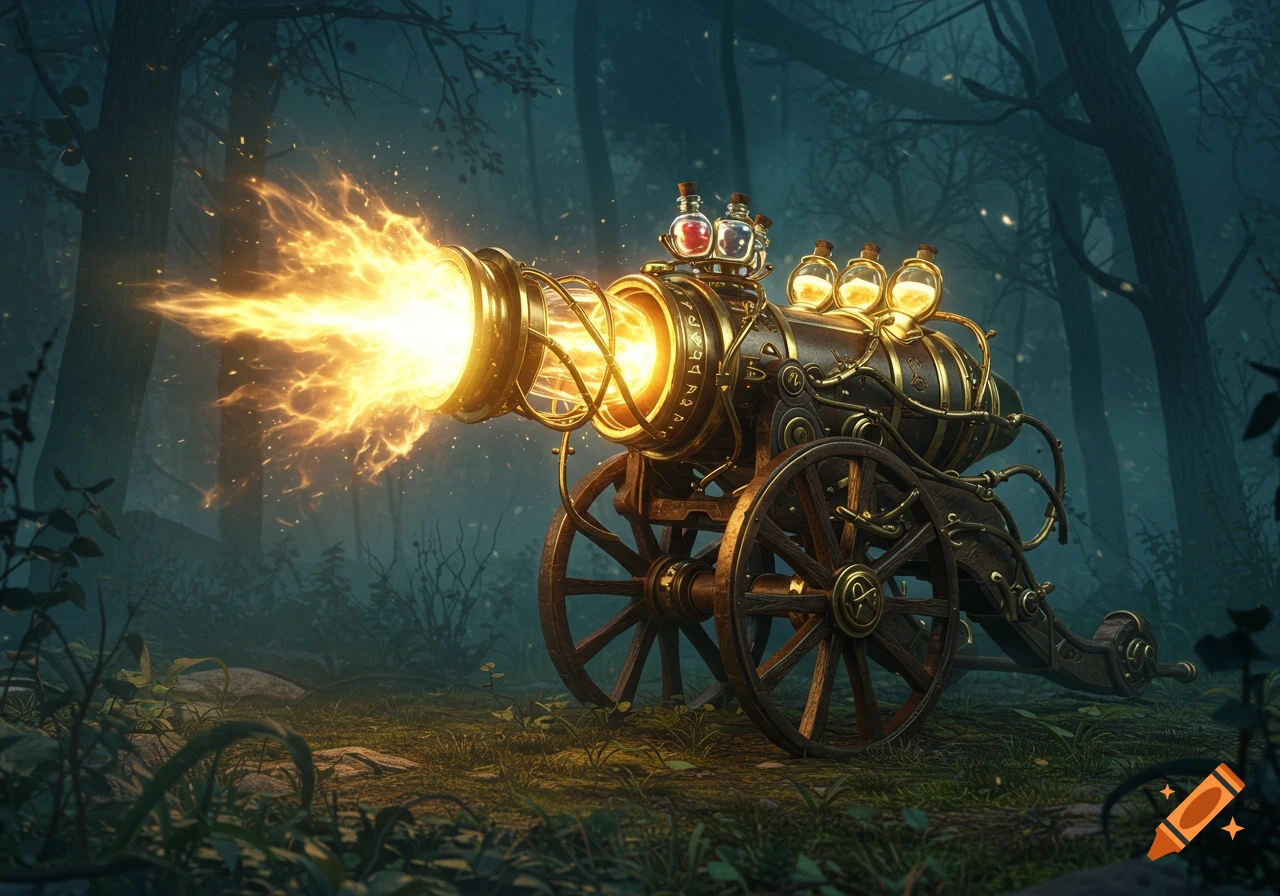 A steampunk-style cannon with glowing energy firing from its barrel, sitting in a dark, misty forest. The cannon is detailed with brass, wood, and glass vials.