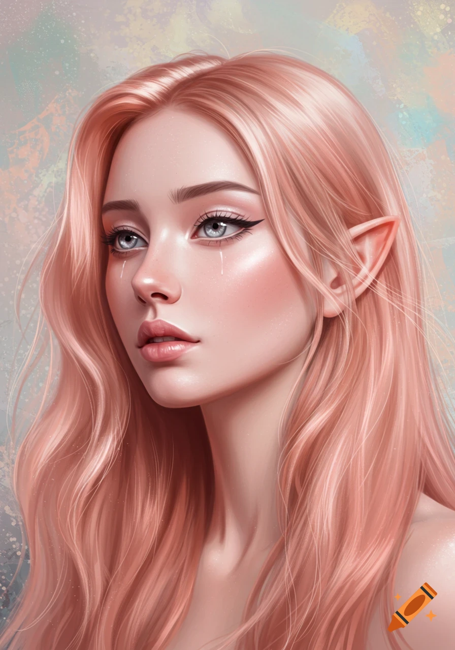 Digital art portrait of a young woman with long pale pink hair, pointy elf ears, liquid silver eyes with eyeliner, and tears on her cheeks, looking left.
