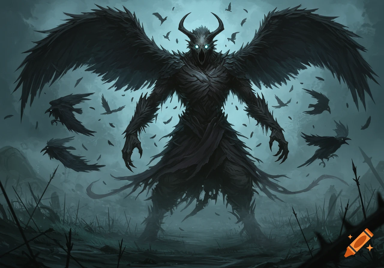 A towering, horned dark fantasy golem of black feathers and crows with glowing eyes stands in a misty, desolate battlefield.