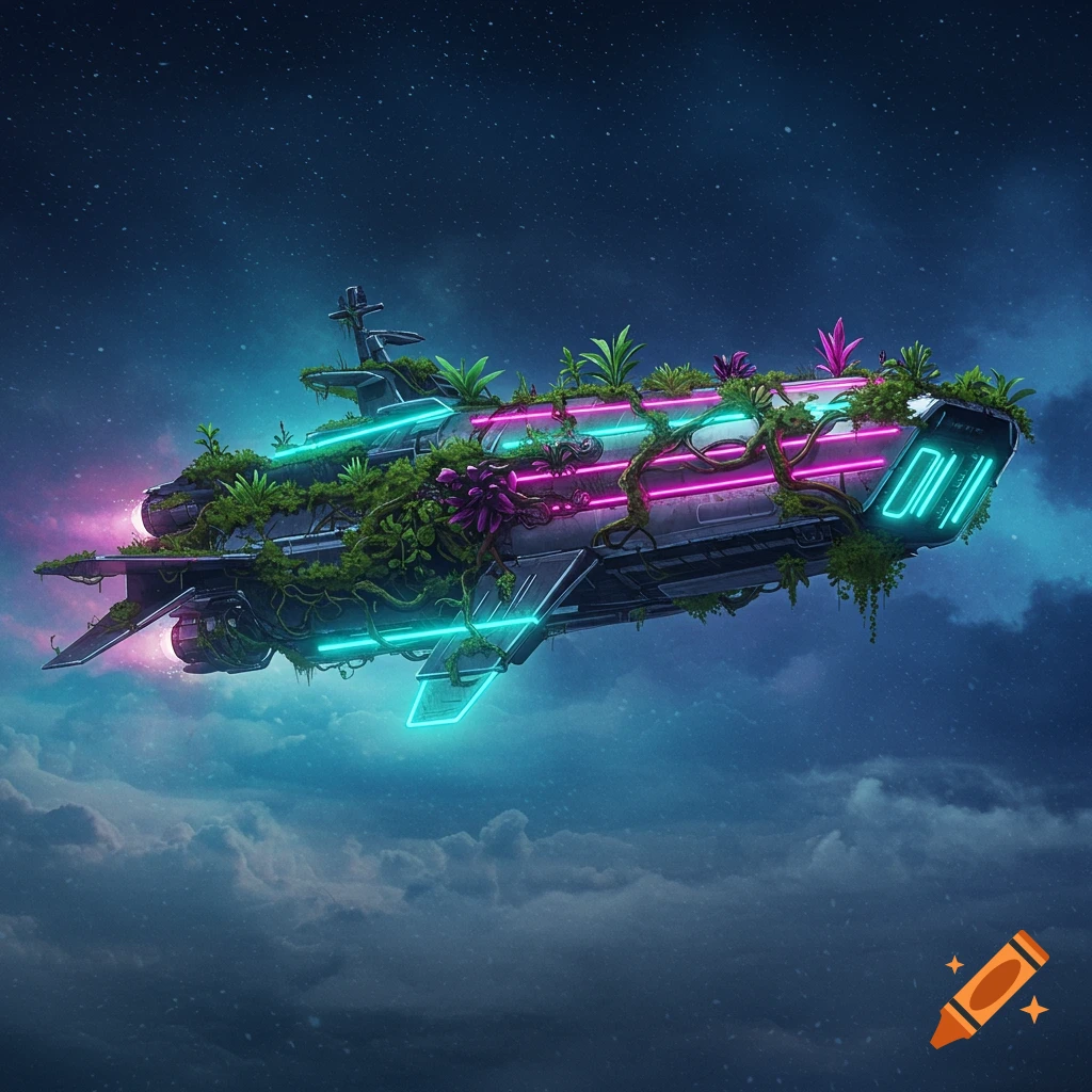 A cyberpunk spaceship covered in lush plants and glowing neon lights floats above dark clouds under a starry sky.