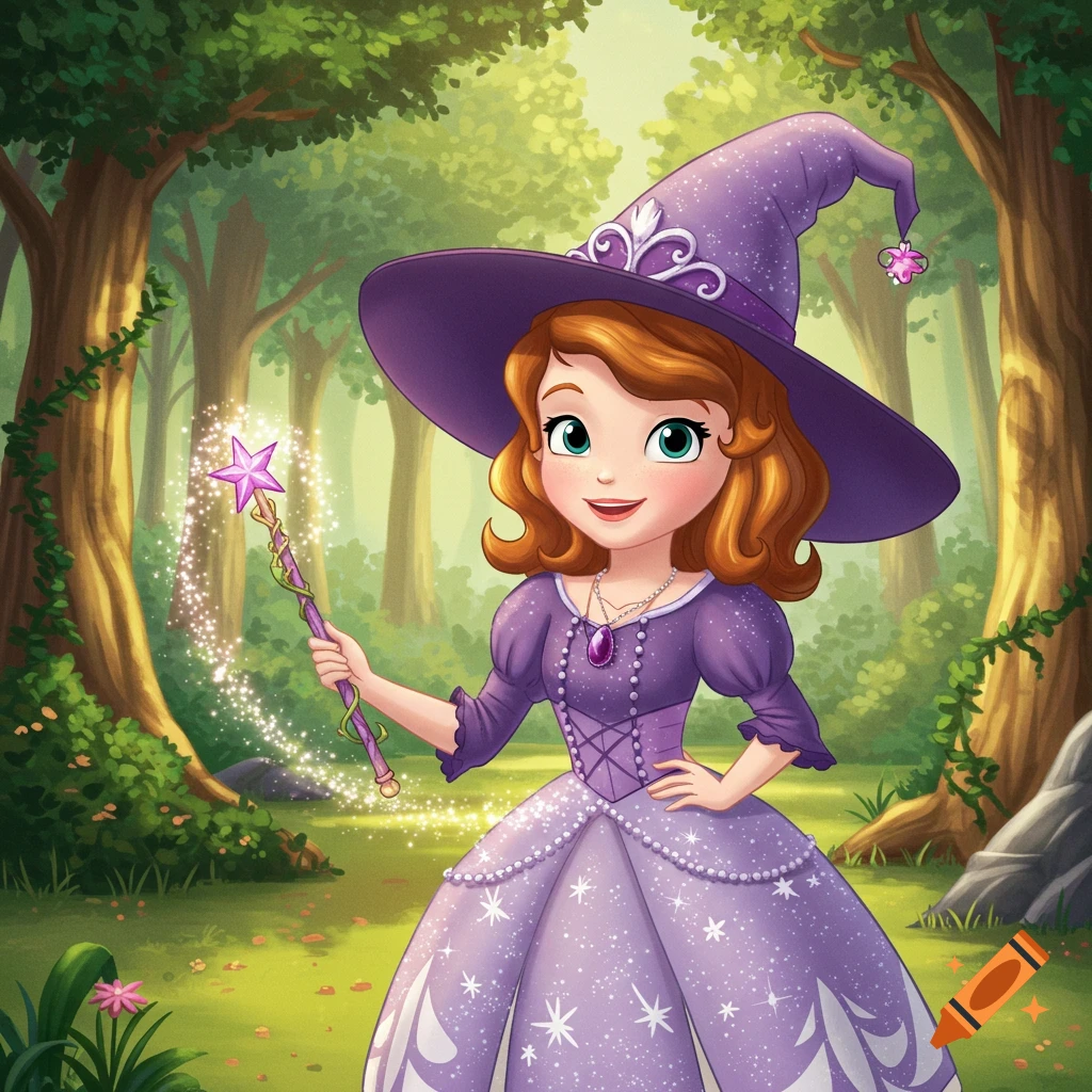 Cartoon Princess Sofia as a witch in a purple dress and hat, holding a sparkling magic wand in a lush forest.