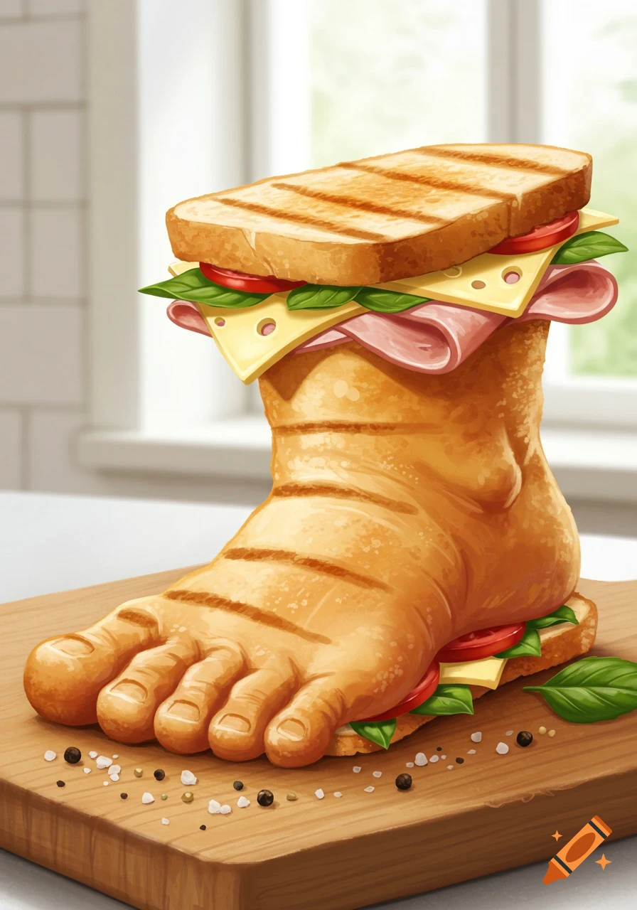 A human foot shaped like a grilled panini sandwich with ham, cheese, tomato, and basil on a wooden cutting board.
