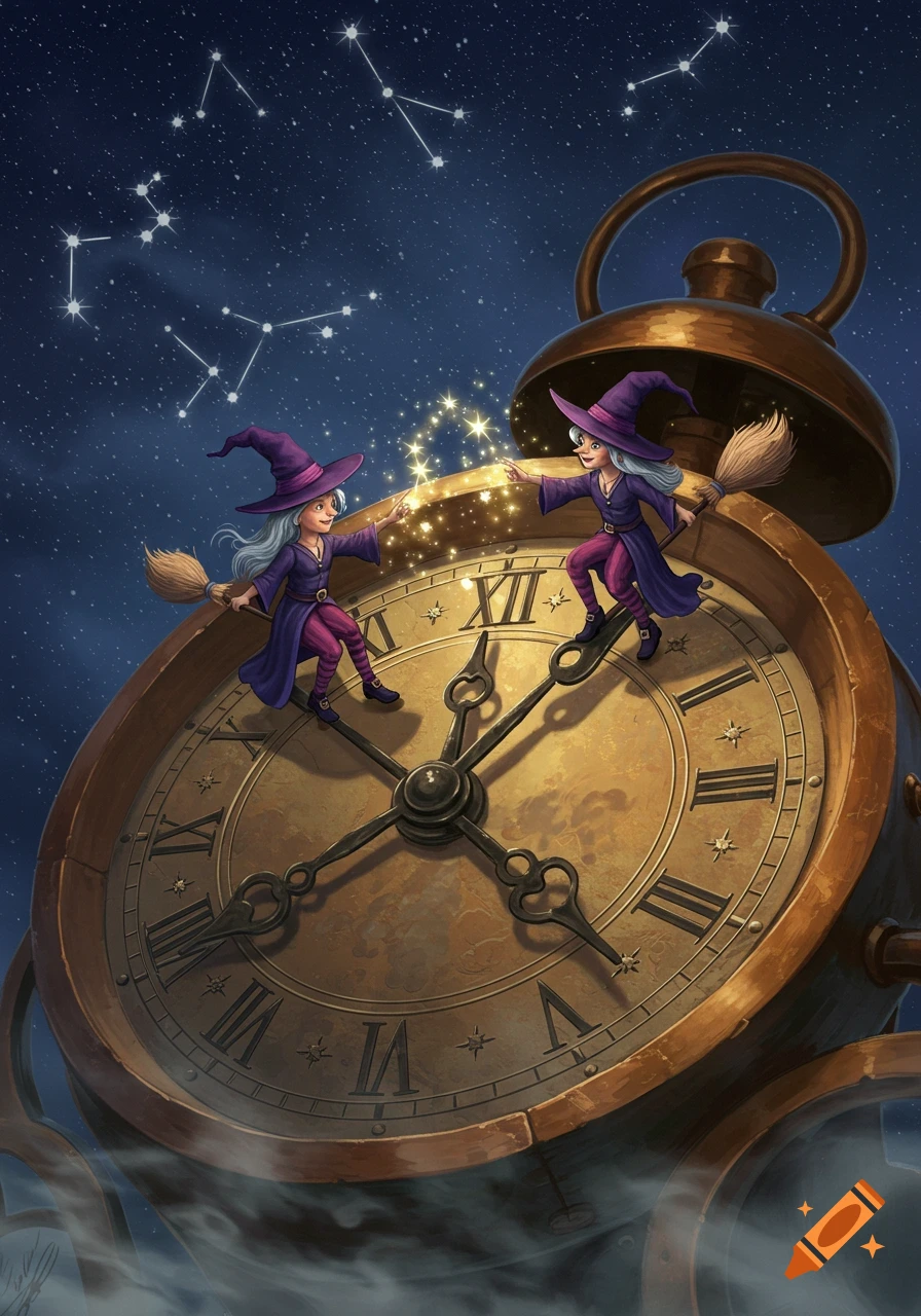 Two small witches with brooms and purple outfits stand on a giant antique clock face under a starry night sky with constellations, sparkling magic.
