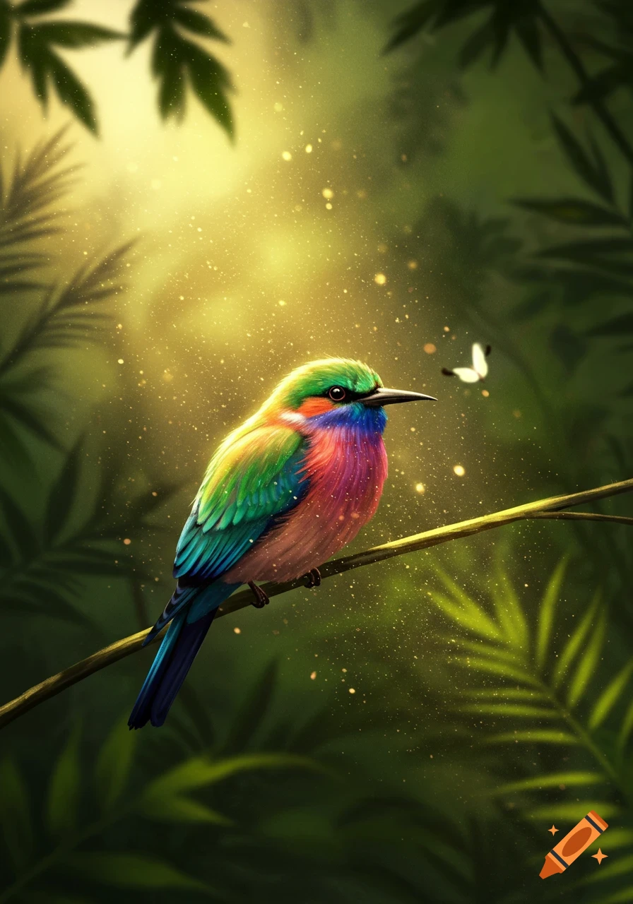 A vibrant, multi-colored bird perches on a branch in a sun-dappled jungle, with a small white butterfly nearby.