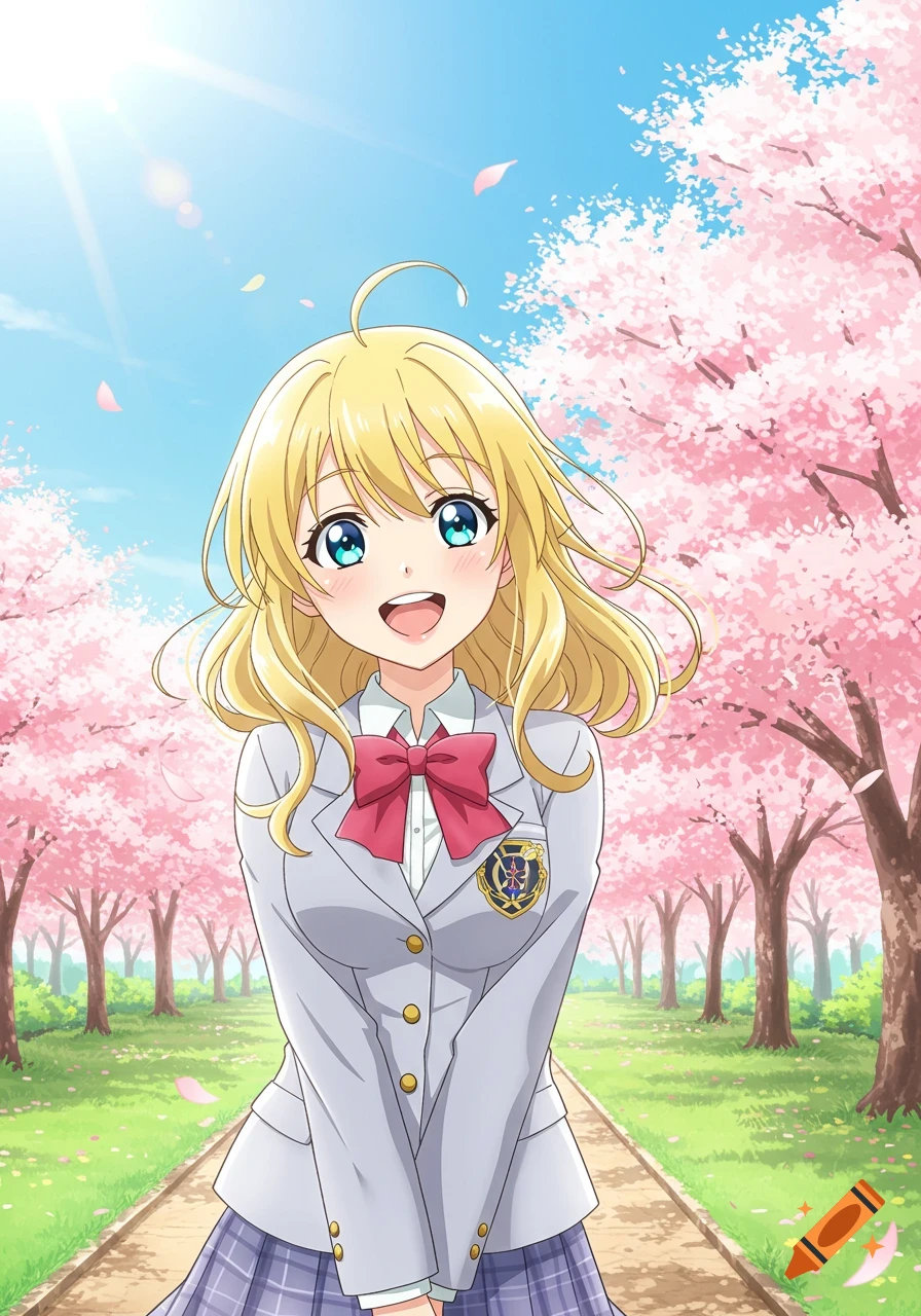 An anime girl with blonde hair and blue eyes smiles brightly in a school uniform amidst a park full of pink cherry blossom trees.