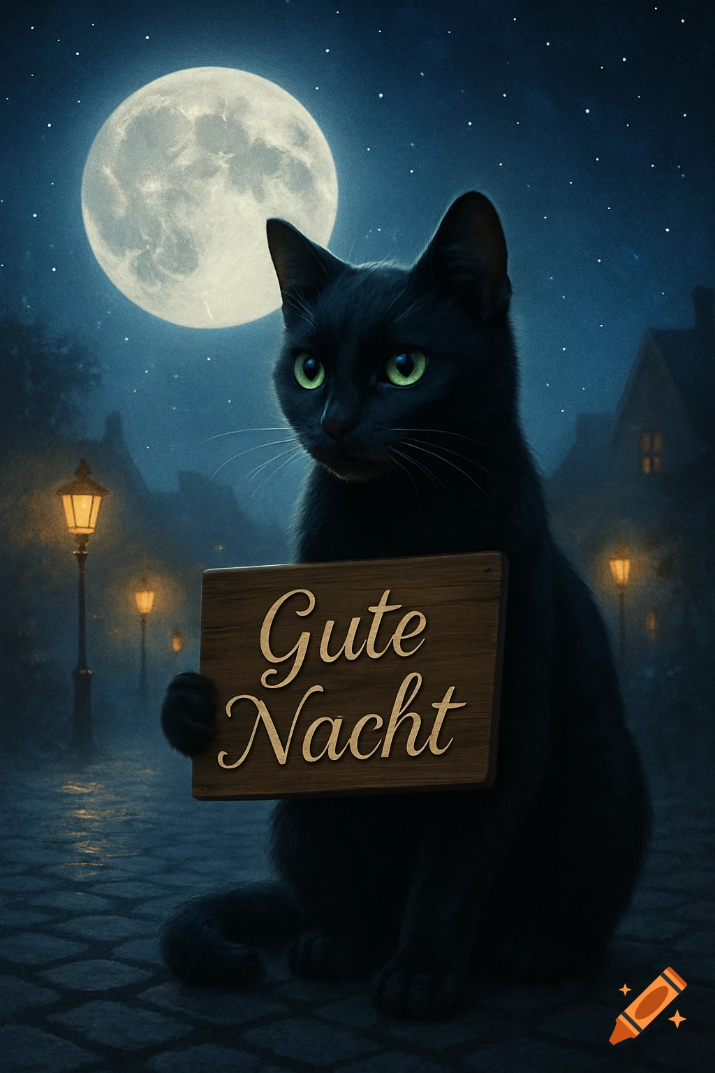 A black cat with green eyes sits on a cobblestone street at night under a full moon, holding a sign that says "Gute Nacht" (Good Night).