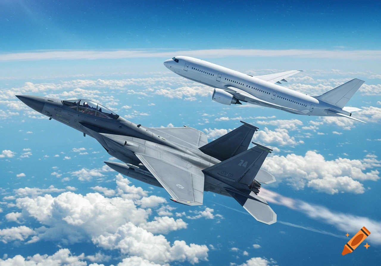 A photorealistic gray fighter jet flies alongside a white commercial airliner in a bright blue sky with white clouds.