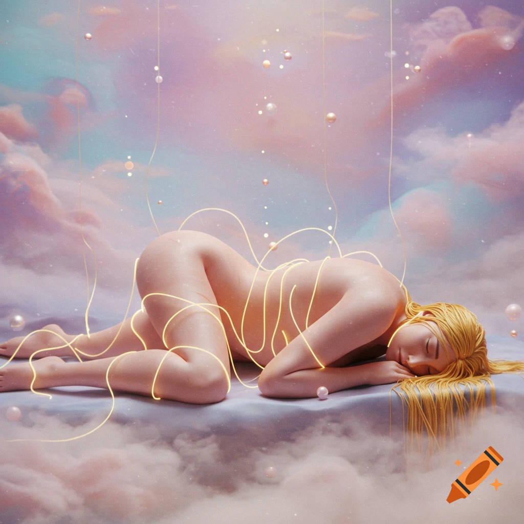 Nude figure with long blonde hair sleeping amidst glowing lines and pearls in a pastel cloudscape, digital art.