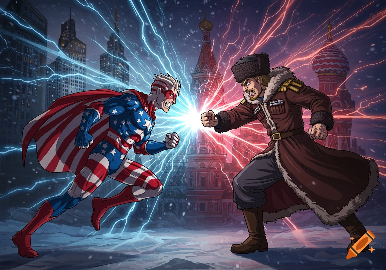 Anime-style American superhero and Russian character clash with lightning, contrasting cityscapes in background.