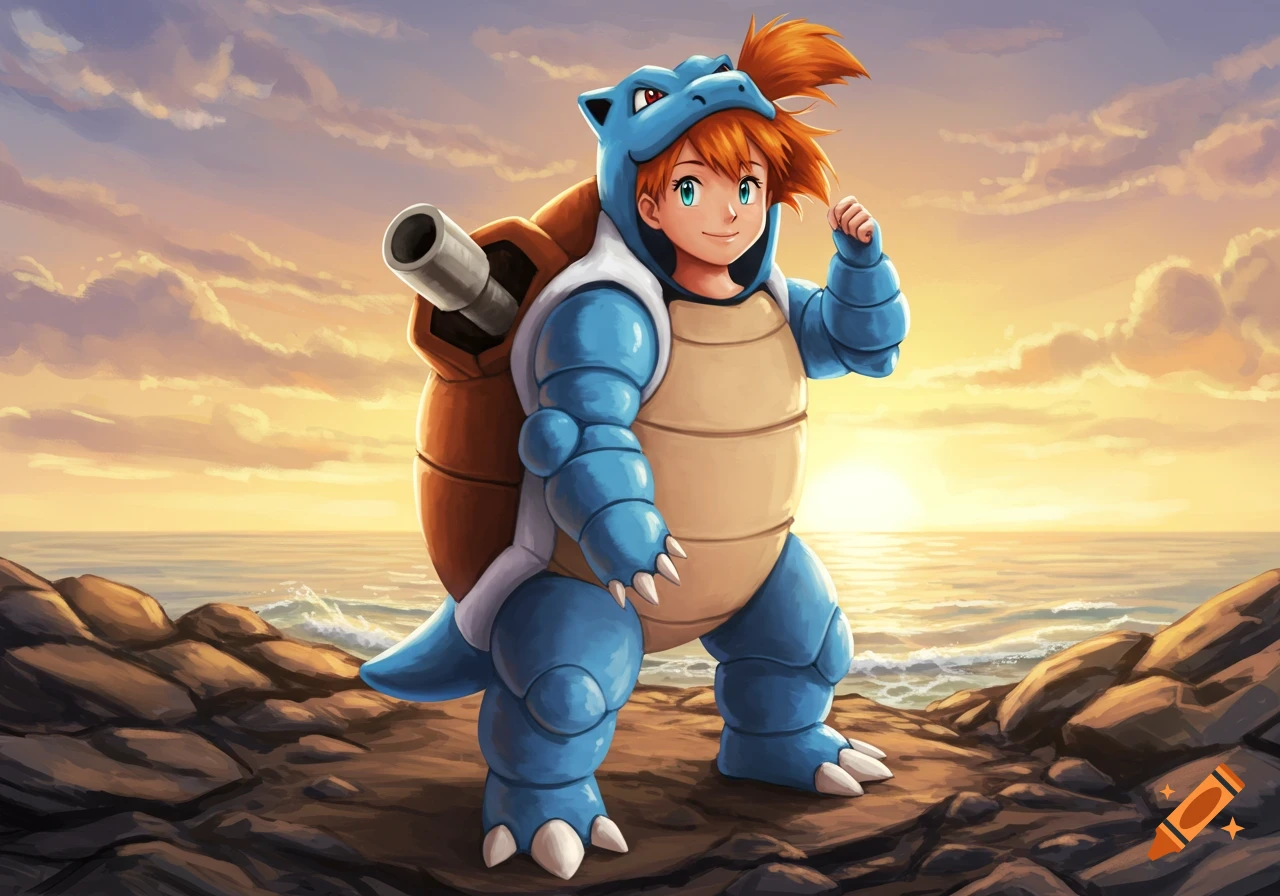 Misty from Pokemon wears a Blastoise costume on a rocky beach with the ocean and sunset in the background, illustrated in an anime style.