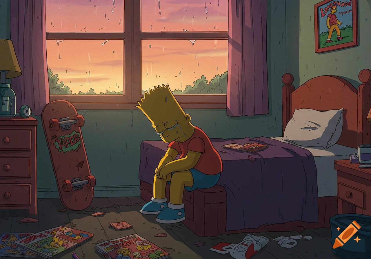 Cartoon Bart Simpson sits crying on a bed in a dimly lit room with a rainy sunset visible through the window. A skateboard and comic books lie on the floor.