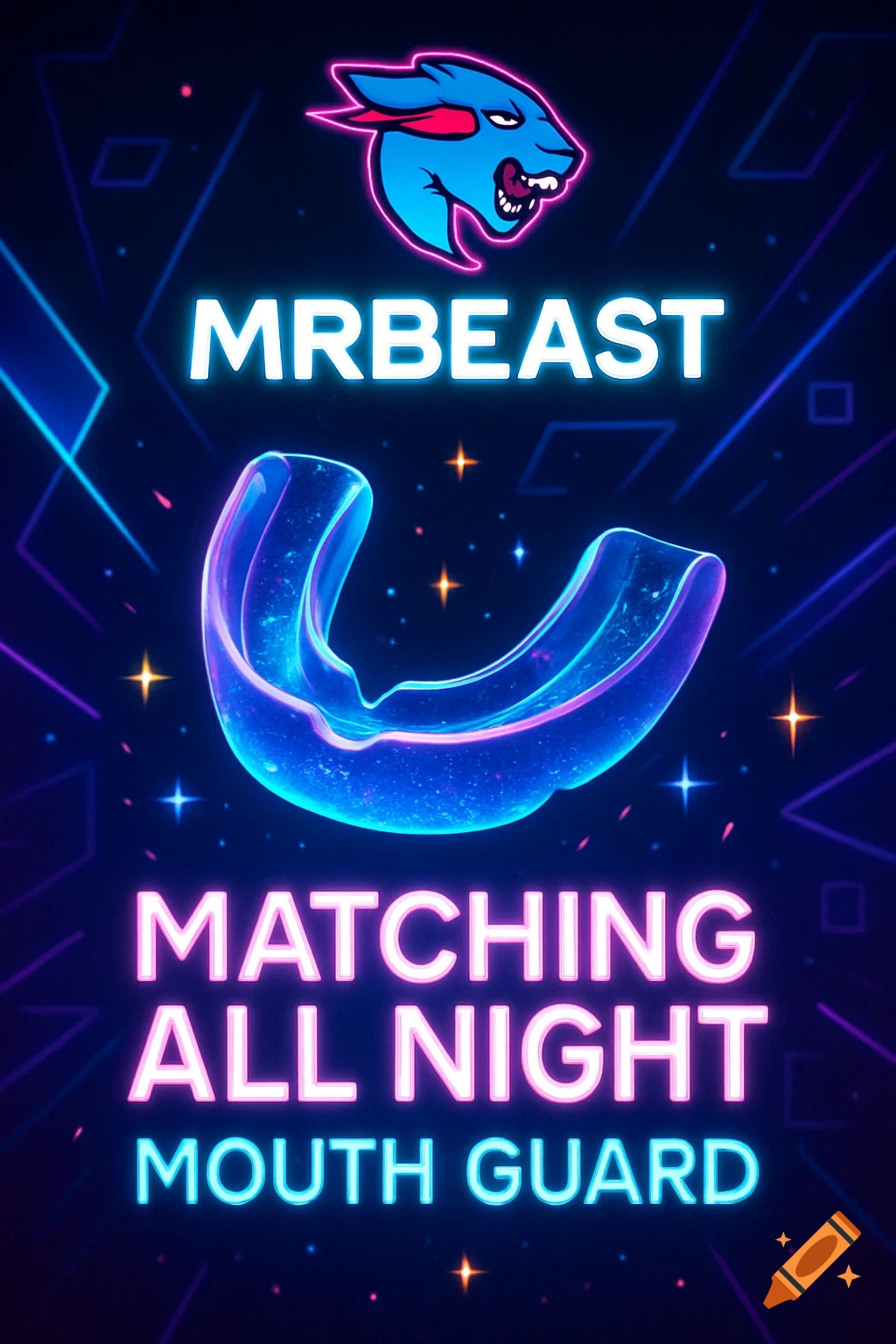 MrBeast logo above a glowing mouth guard with text 'MRBEAST MATCHING ALL NIGHT MOUTH GUARD' in a neon graphic style.
