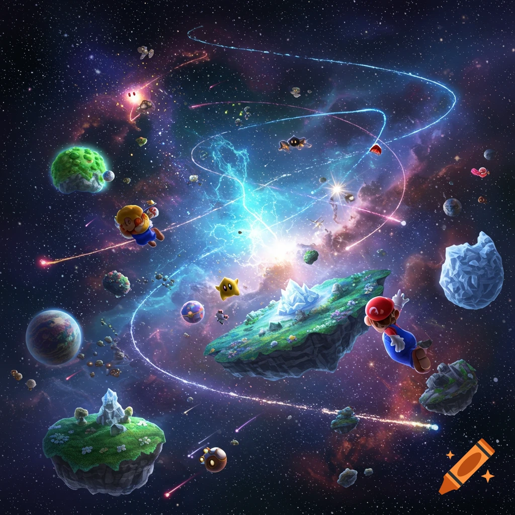 Mario and Luma characters float among colorful planets, stars, and cosmic energy in a vibrant space galaxy scene, game art style.