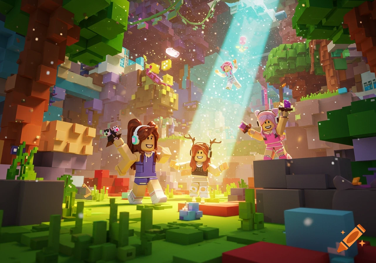 Stylized female characters in a vibrant, blocky fantasy gaming world with glowing particles.