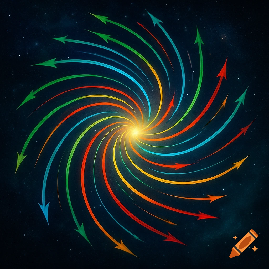 A colorful spiral of arrows radiates from a bright center against a starry dark blue space background.