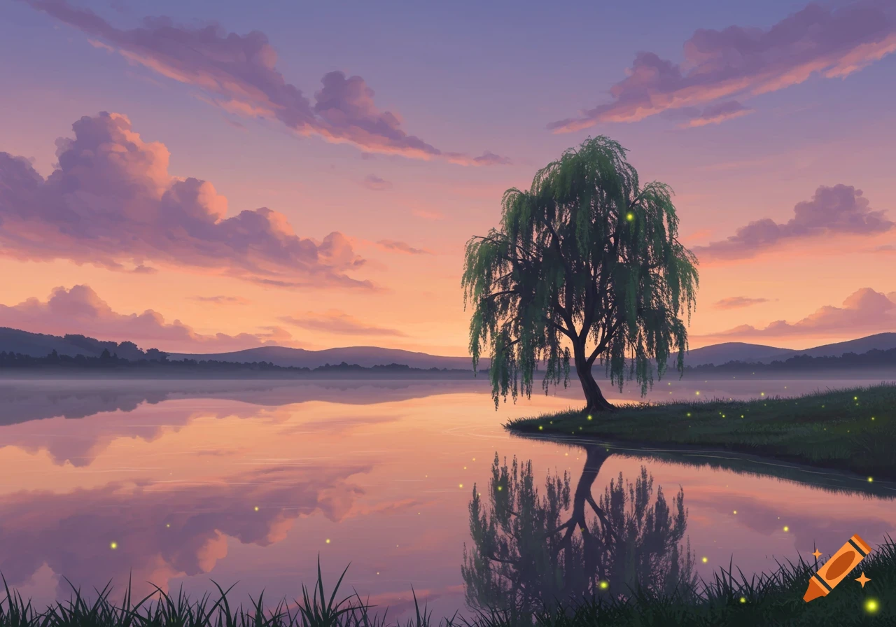 Stylized anime landscape of a lone willow tree by a calm lake reflecting a vibrant orange and purple sunset sky.