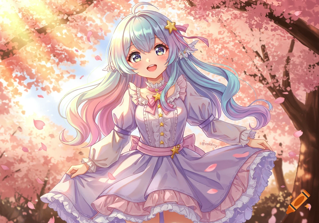 An anime girl with pastel multi-colored hair wearing a lavender dress smiles brightly in a sunlit cherry blossom forest.