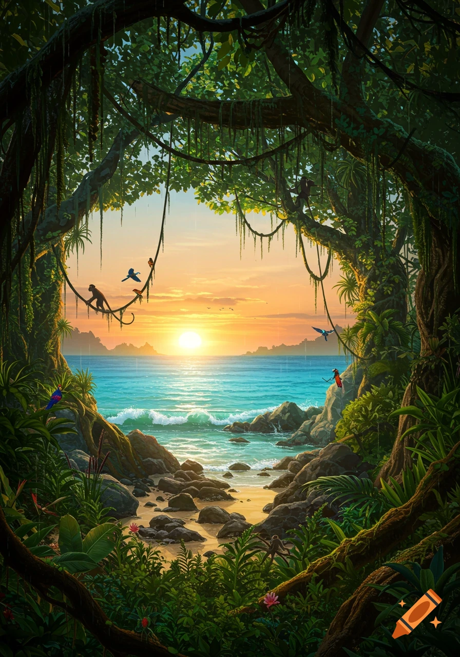 A vibrant jungle frames a stunning beach and ocean at sunset, with monkeys and birds in the foreground.