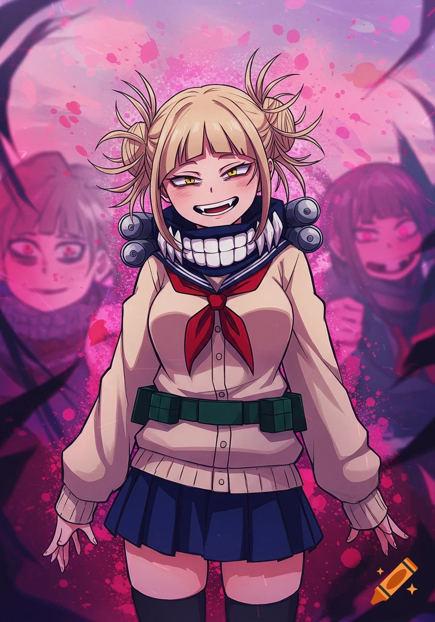 Anime illustration of Himiko Toga in a school uniform, grinning widely with sharp teeth, against a pink splattered background.