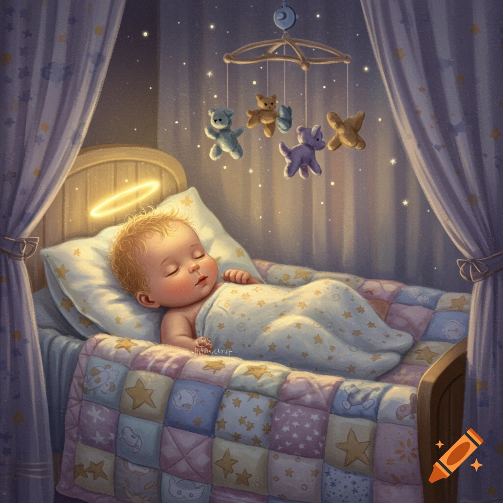A serene illustration of a sleeping baby with a glowing halo in a crib, under a starry night mobile with teddy bears.