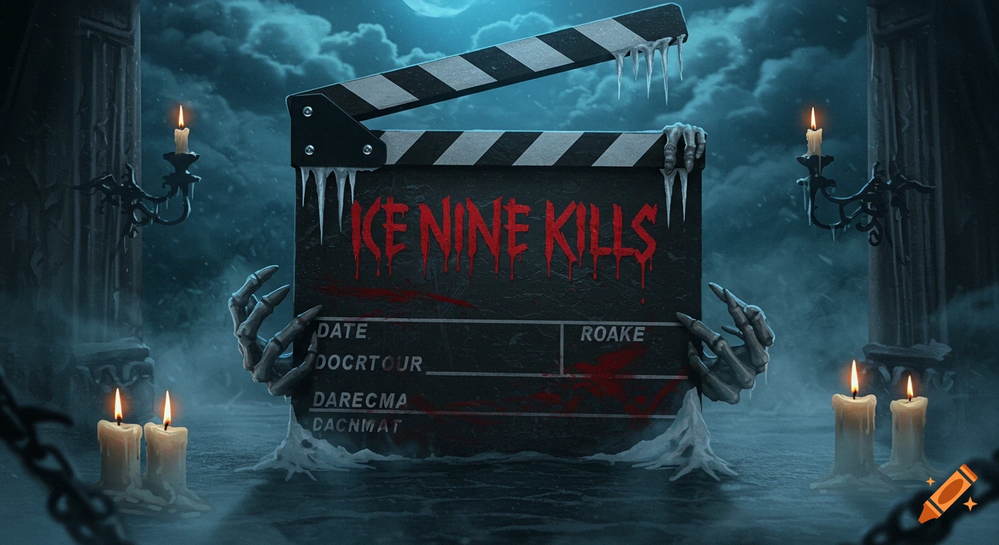 A horror-themed movie clapperboard with "ICE NINE KILLS" in dripping red letters, held by skeletal hands, surrounded by icicles and candles in a snowy, moonlit night.