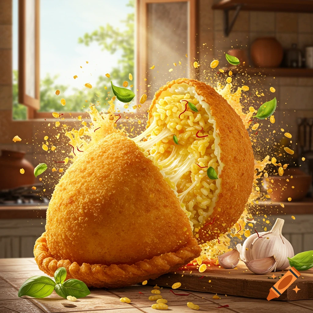 Photorealistic arancino cut open, bursting with cheesy rice, saffron, and basil in a kitchen.