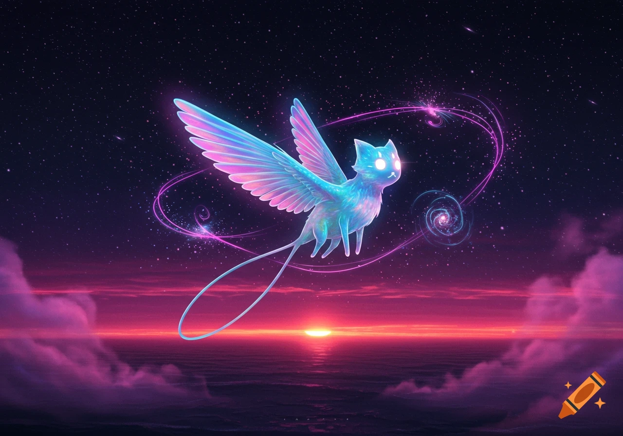A glowing, winged cat-like creature flies through a vibrant cosmic night sky with pink and purple hues over an ocean sunset.