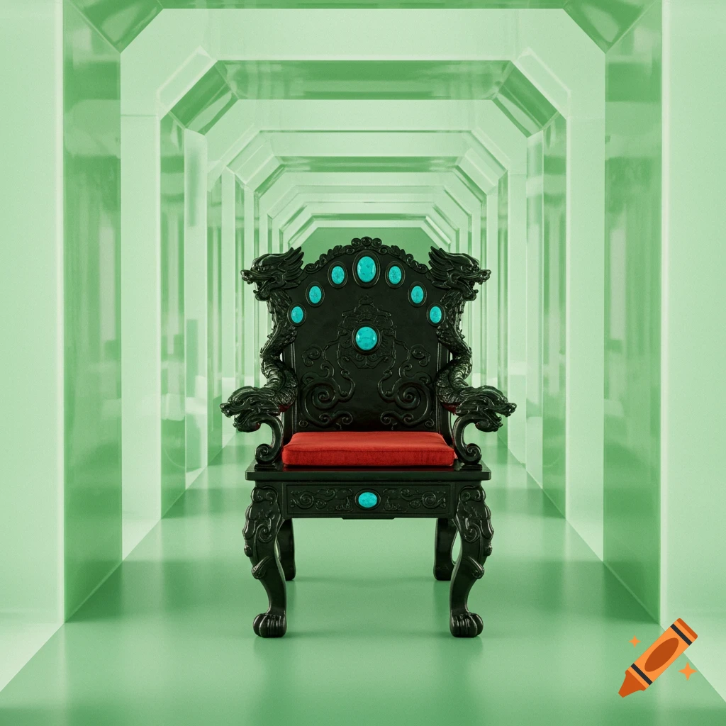 A shiny black ornate chair with carved dragons, a red cushion, and turquoise cabochons sits in a pale green glass corridor.