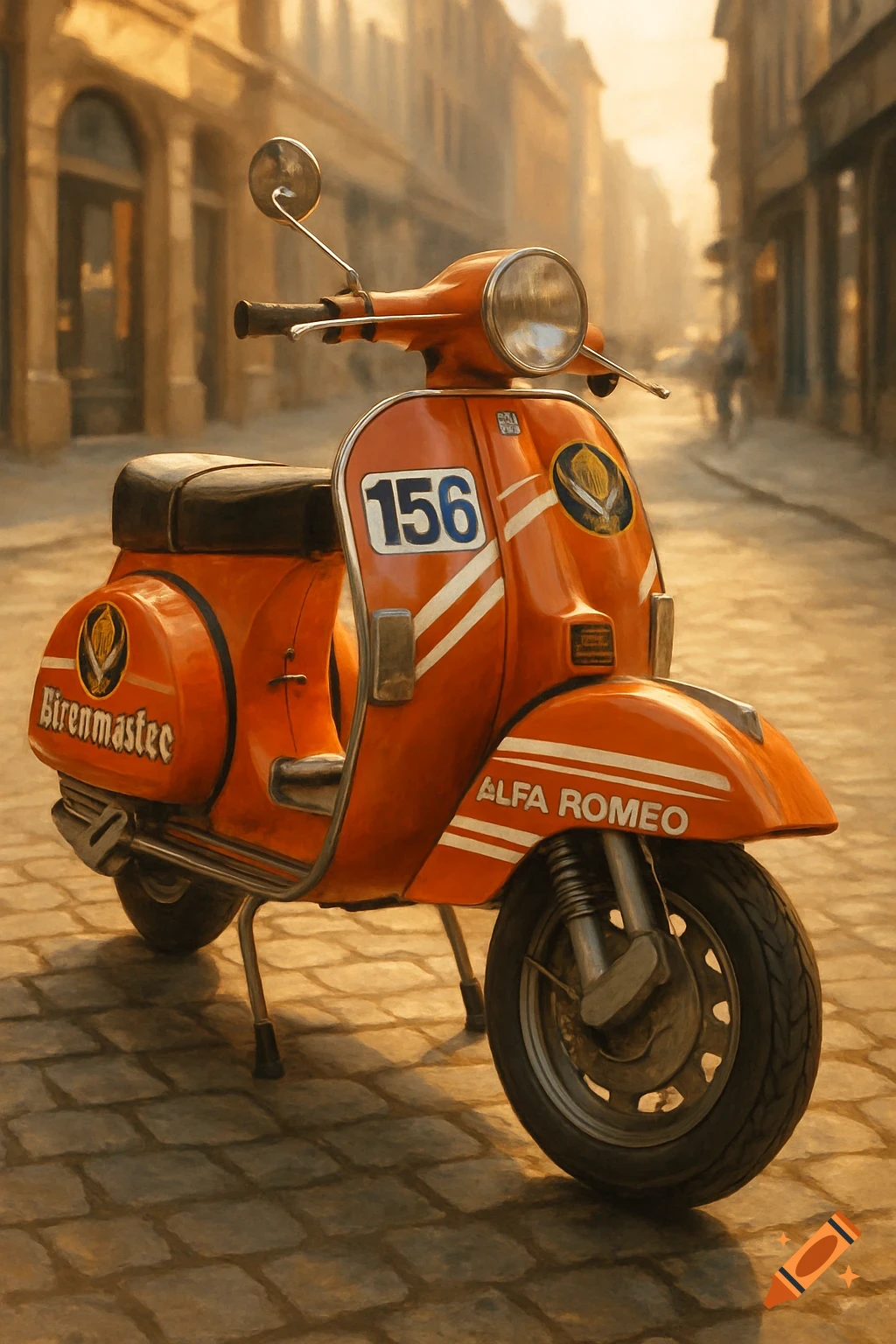 An orange Vespa-style scooter with racing stripes and the number "156" on a cobblestone street, with old buildings in the background.