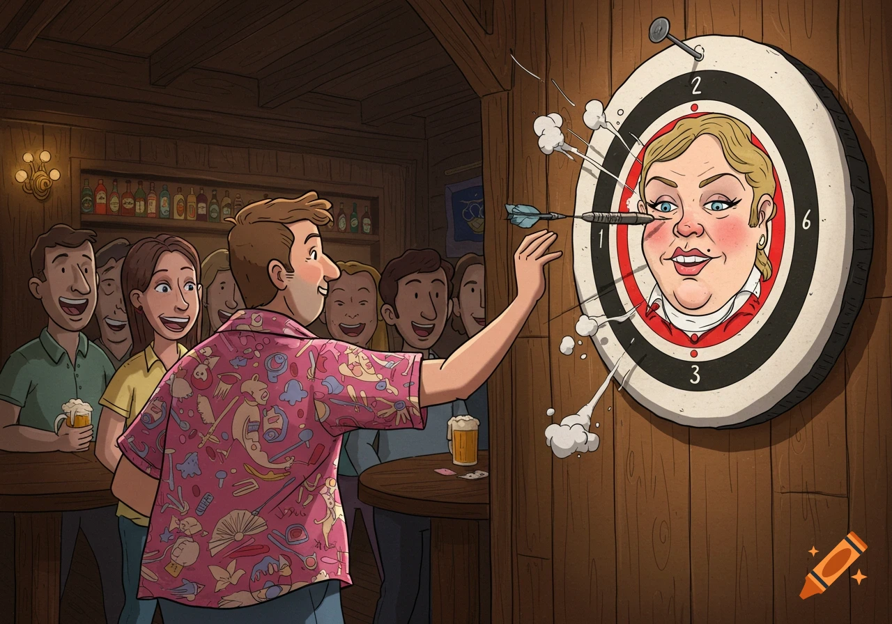 A cartoon man in a pink Hawaiian shirt throws darts at a dartboard with a woman's caricature face, cheered on by friends in a rustic bar.