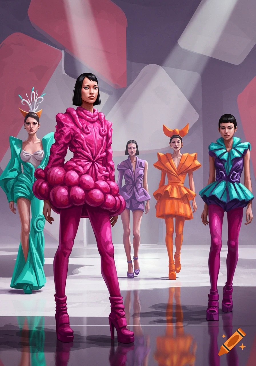 Five models on a runway in colorful, abstract avant-garde fashion designs, in a stylized illustration.