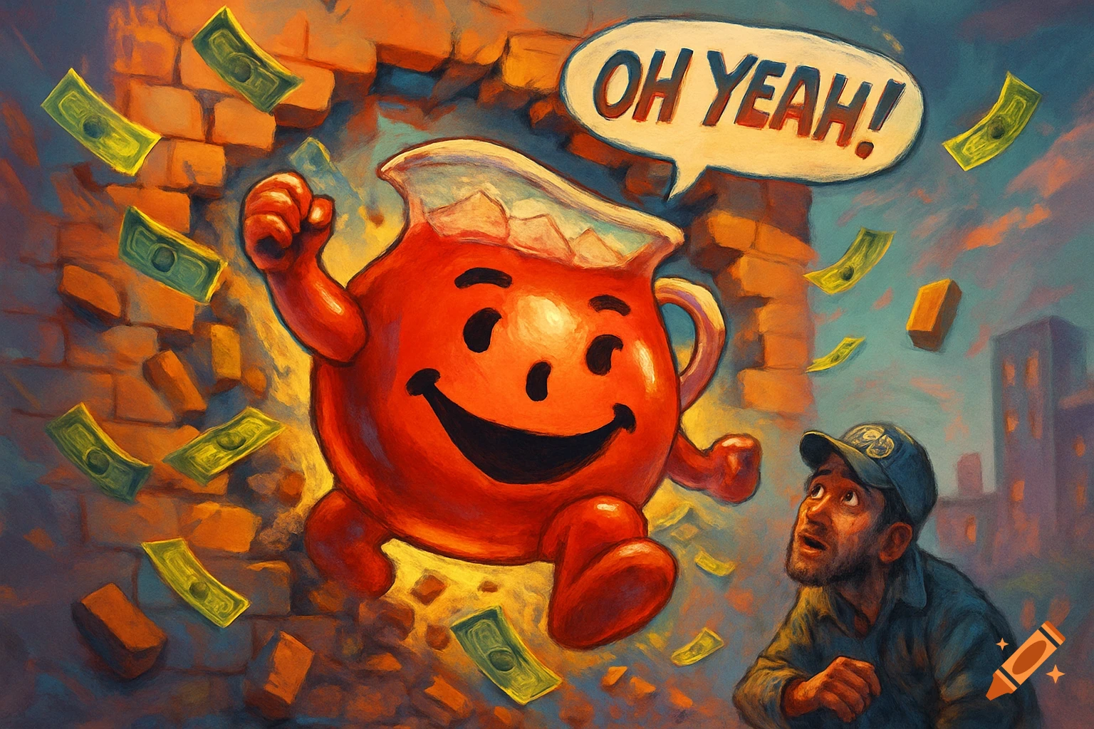The Kool-Aid Man bursts through a brick wall, money flying, as a surprised man looks up in a vibrant, painted style.