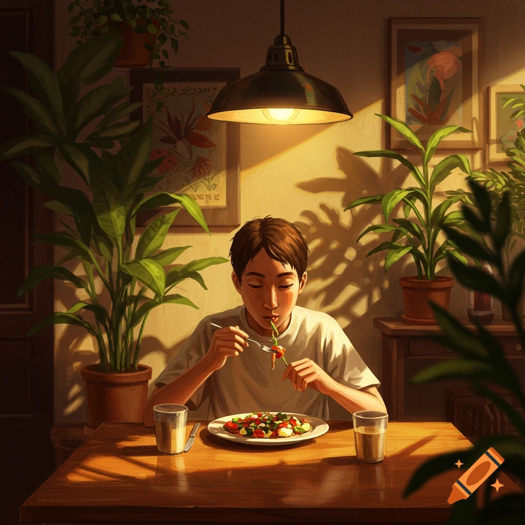 A young person eats a salad at a wooden table under a warm hanging lamp, surrounded by potted plants and framed art.