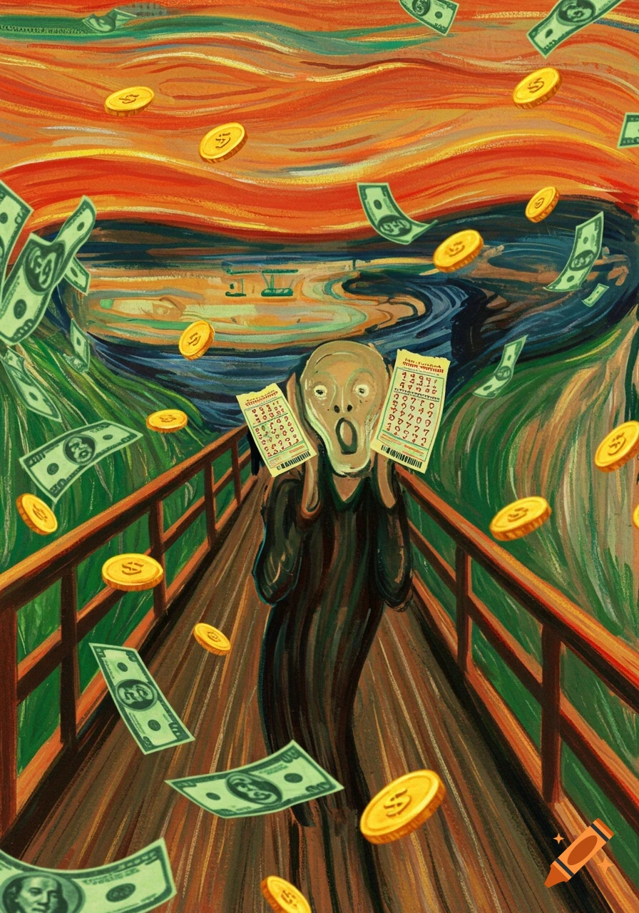 Stylized painting of Edvard Munch's The Scream figure holding lottery tickets, surrounded by falling money and coins.