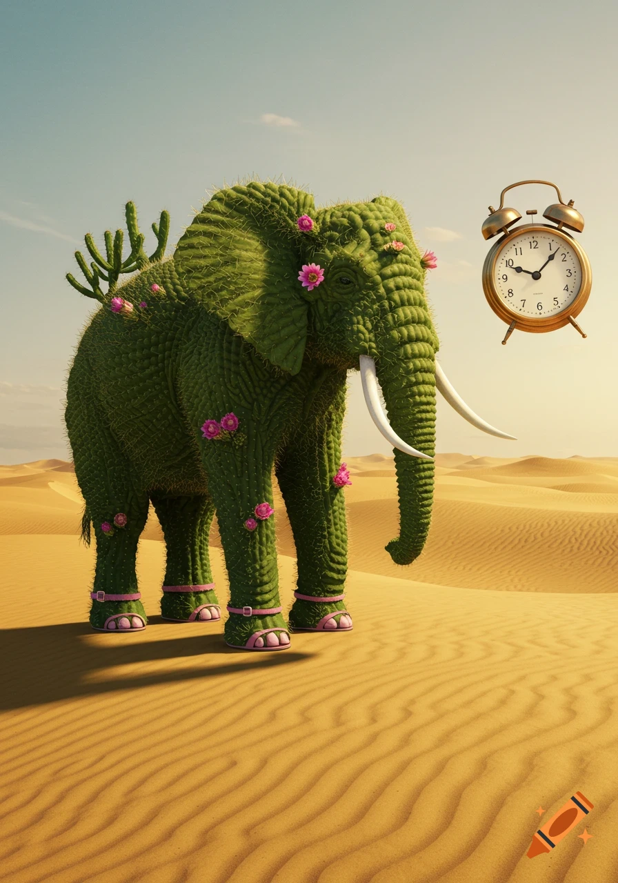 A surreal green cactus elephant with pink flowers and open-toed shoes stands in a desert, with a floating antique alarm clock nearby.