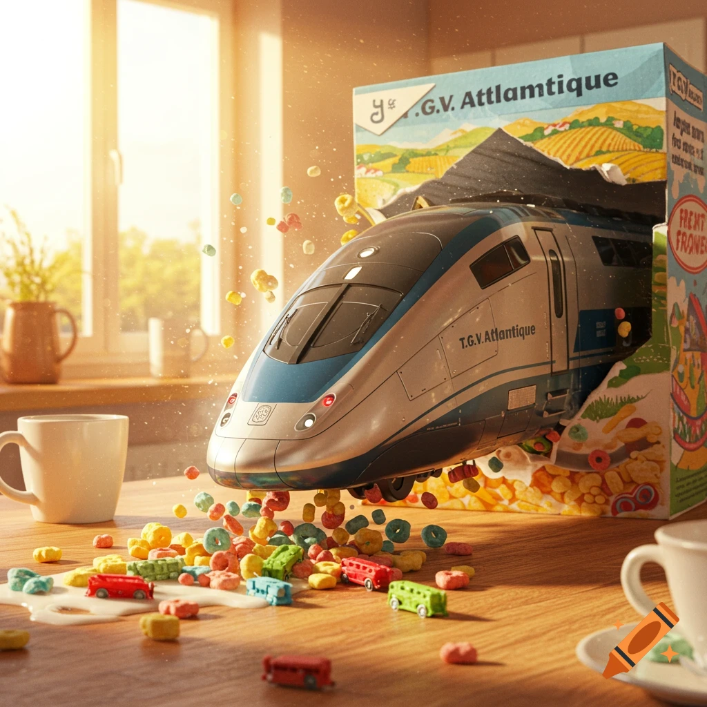 A photorealistic scene of a modern TGV train bursting out of a cereal box, spilling colorful cereal pieces and milk onto a wooden table. Sunlight streams in from a window in the background.