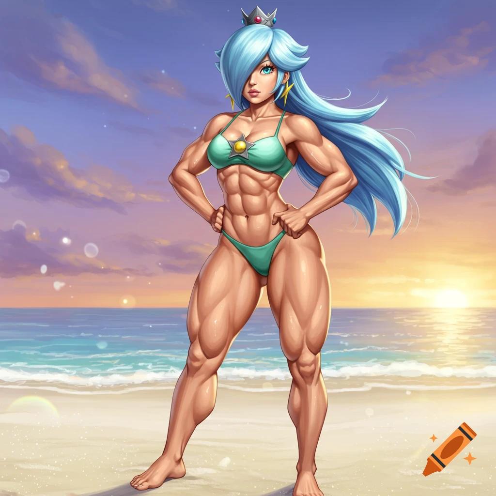 Muscular Rosalina in a teal bikini stands on a beach at sunset, hands on hips, in a stylized illustration.