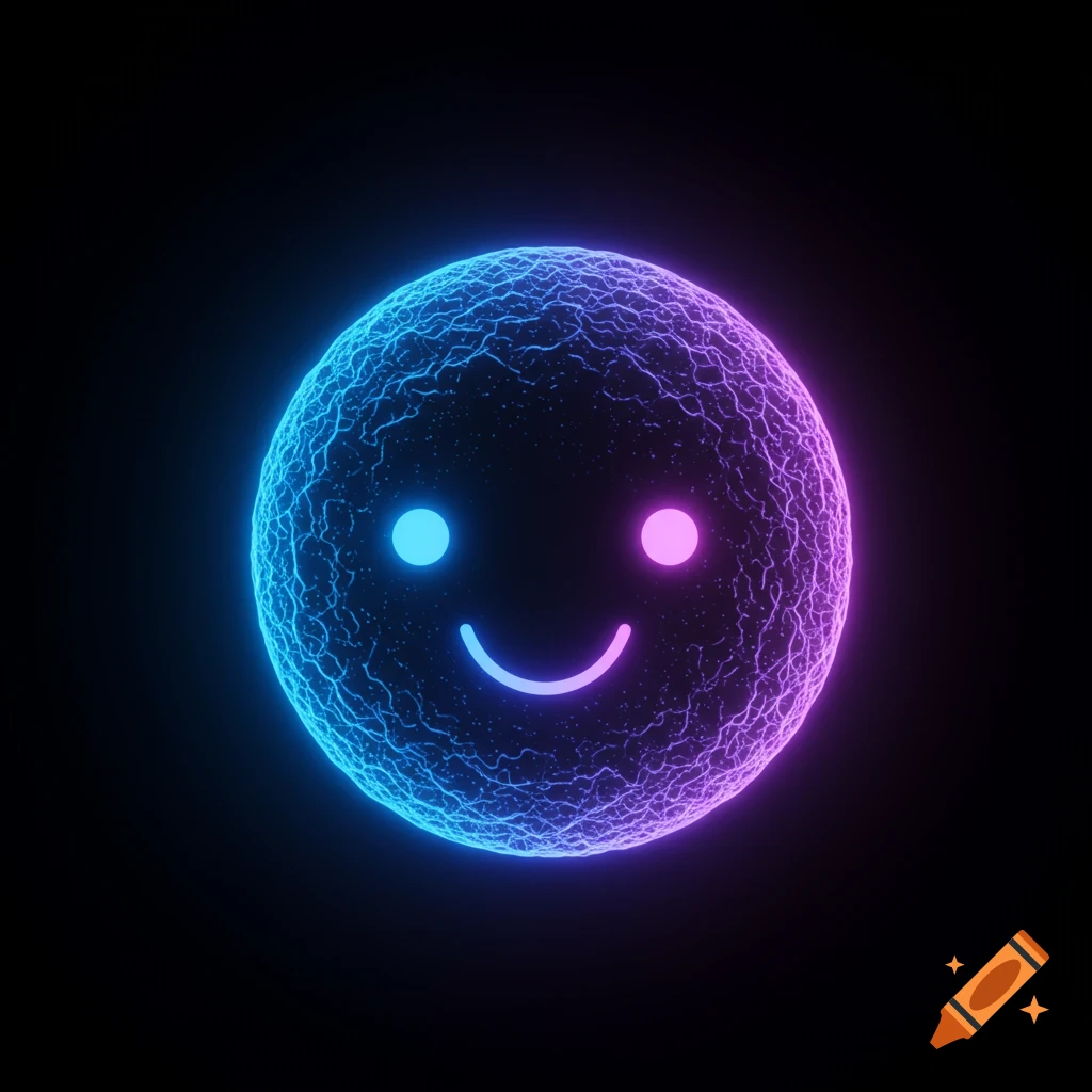 A glowing blue and purple orb with a simple smiley face, depicting a digital assistant avatar against a black background.