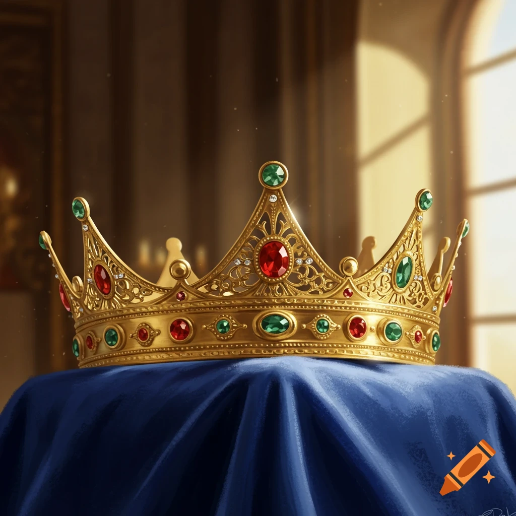 A gleaming golden crown adorned with red and green gemstones rests on a blue cloth in a grand, sunlit room.