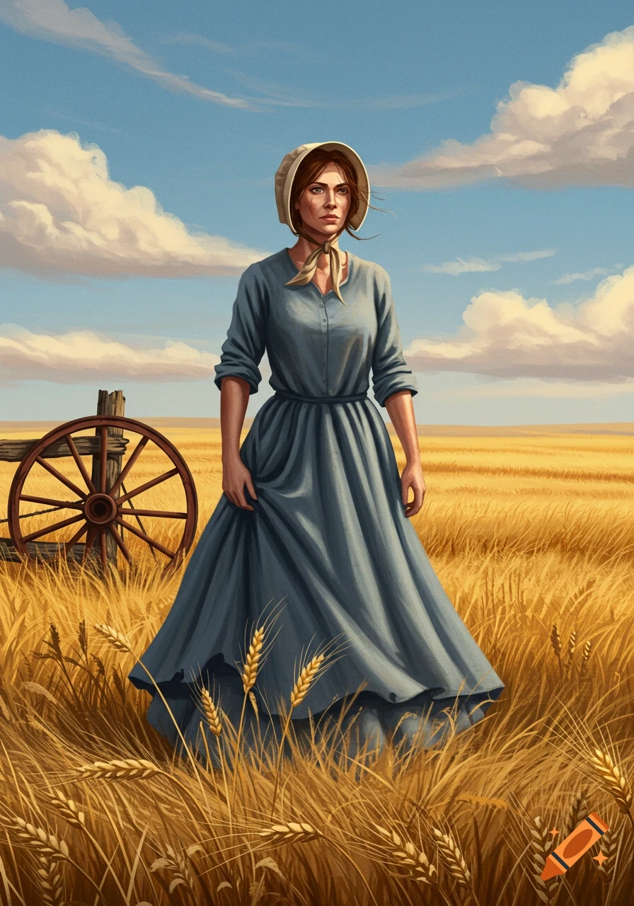An illustrated woman in a bonnet and pioneer dress stands in a golden wheat field next to a wagon wheel under a cloudy sky.