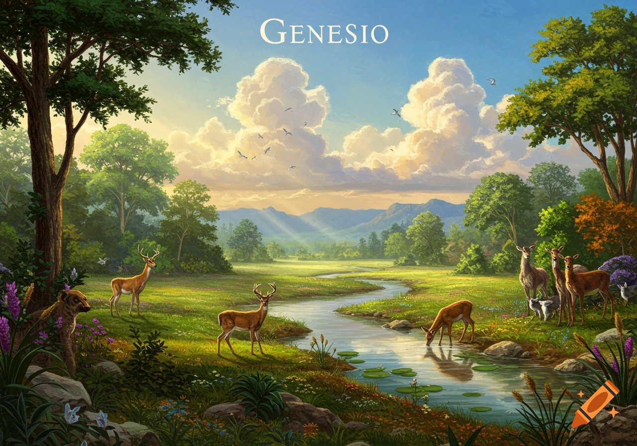 A vibrant, illustrated landscape with a river flowing through a lush green valley, surrounded by trees and mountains under a cloudy sky. Several deer and a bear are depicted in the foreground, with one deer drinking from the river. The word "GENESIO" is at the top center.
