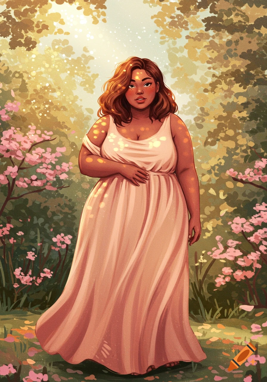 An artistic illustration of a plus-size woman with warm skin and curly hair, standing in a sun-dappled garden with pink flowers.
