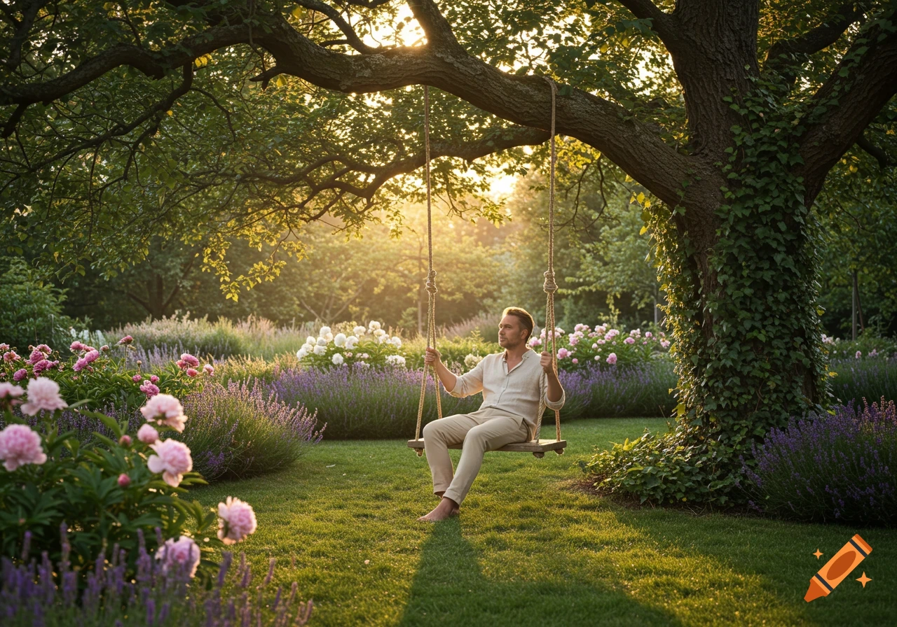 A man on a wooden swing under a large tree, looking out over a vibrant garden with pink and purple flowers at sunset.